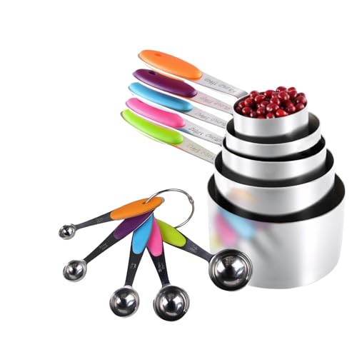 Inmorven 10pcs Measuring Cups and Spoons Set, Nesting Kitchen Stainless Steel Measuring Set for Baking Cooking Dry Liquid Ingredients Upgraded Thickness Handle - color: Stainless Steel