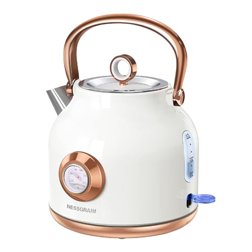 Retro Electric Kettle, 1.7L Stainless Steel Tea Kettle with Large Temperature Gauge, 1500W Fast Heating Hot Water Boiler with LED Indicator, Auto Shut-off & Boil-Dry Protection-Reteo White - color: Retro White