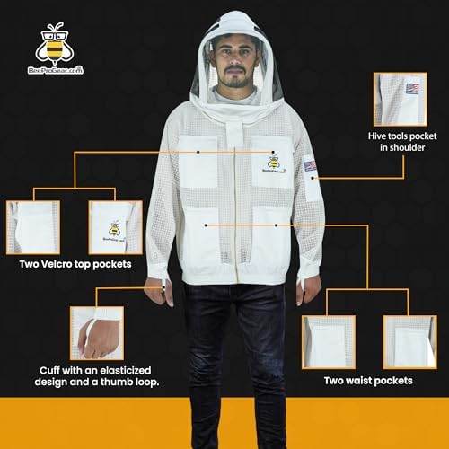 3-Layer Ventilated Mesh Bee Jacket for Men & Women with Veils Sting-Proof Beekeeping Jacket with Leather Gloves & Bag - color: White Fencing Veil, size: Medium