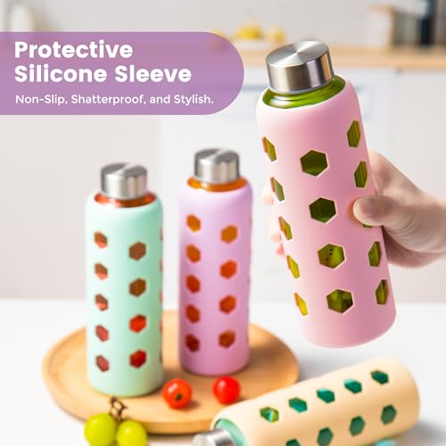Mrsdry Glass Juice Bottles with Lids and Silicone Sleeves 18 oz, 4-Pack Reusable Clear Glass Water Bottles with Stainless Steel Airtight Cap for Juicing, Refrigerator, BPA Free Leak-Proof Drinking Jar - color: Mint
