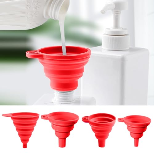 4 Pcs Kitchen Funnel Set, 4 Sizes for Kitchen Accessories Foldable Silicone Collapsible Funnels for Filling Water Bottle Liquid Transfer, Red - color: 4 Red