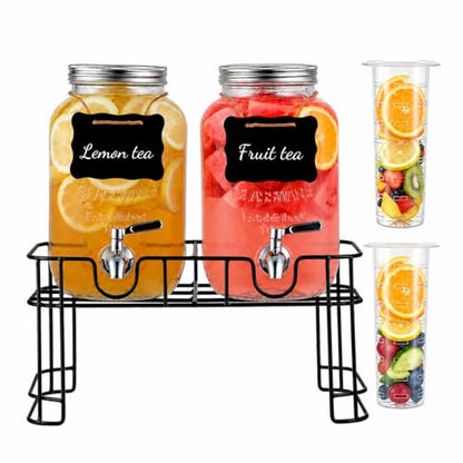 Glass Drink Dispenser for Parties, 1 Gallon Beverage Dispenser with Stand & Stainless Steel Spigot, 2 Pack Lemonade Dispenser with Fruit Filter & stirring spoon, Juice Pitcher for BBQ Picnic Party