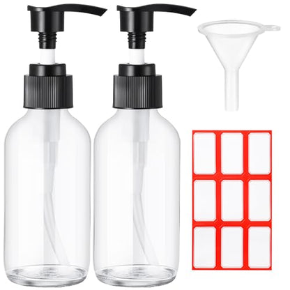 Fumete 2 Pack Glass Bottles 4oz Empty Refillable Liquid Containers with 1 Label 1 Funnel for Essential Oils Hair Travel Plants Cleaning Skin Care(Clear, Black Top,Pump Bottle) - color: Clear, Black Top, style: Pump Bottle