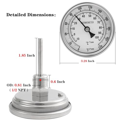 3" Dial 2" Probe FERRODAY 1/2 NPT Stainless Steel Dial Thermometer 1/2 NPT Homebrew Kettle Thermometer Weldless w/O-Rings 0-220ºF Kettle Stainless Steel Brew Pot Thermometer