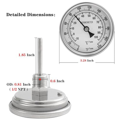 3" Dial 2" Probe FERRODAY 1/2 NPT Stainless Steel Dial Thermometer 1/2 NPT Homebrew Kettle Thermometer Weldless w/O-Rings 0-220ºF Kettle Stainless Steel Brew Pot Thermometer