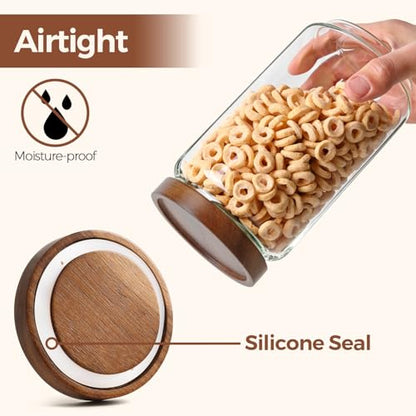 ComSaf 3Pcs (1.7Qt) Airtight Glass Pasta Storage Containers with Acacia Wood Lids, Tall Pantry Storage Container for Organizing Spaghetti and Pasta, Thick Glass Spaghetti Container with Pasta Labels - size: 1.7Qt*3