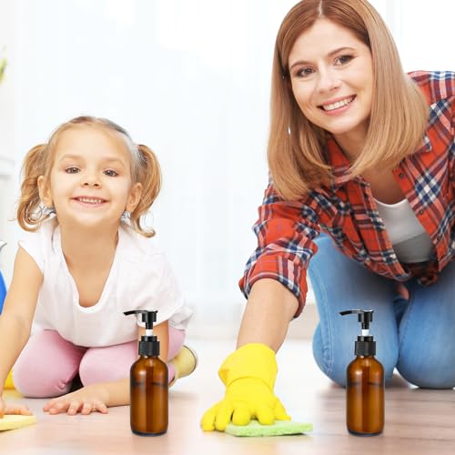 Fumete 2 Pack Glass Bottles 4oz Empty Refillable Liquid Containers with 1 Label 1 Funnel for Essential Oils Hair Travel Plants Cleaning Skin Care(Amber, Black Top,Pump Bottle) - color: Amber, Black Top, style: Pump Bottle