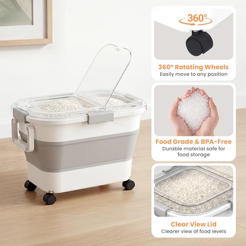 30 Lbs Rice Storage Container with Wheels, Collapsible Airtight Food Storage Container with Transparent Lid, Measuring Cup, Scoop, Handle, BPA Free Rice Holder for Pet Food, Grain, and Bird Seed - color: Clear/30lbs