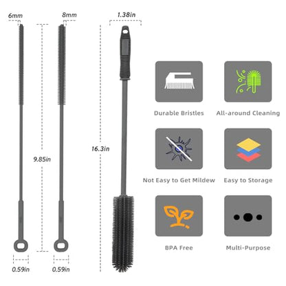 Silicone Water Bottle Brush and Straw Cleaner Set,Long Bottle Brush,Straw Cleaning Brush Silicone,Long Handle Scrub Cleaning Brush for Narrow Neck Bottle,Wine Bottle,Thermos,Sports Bottles (Dark Grey) - color: Dark Grey