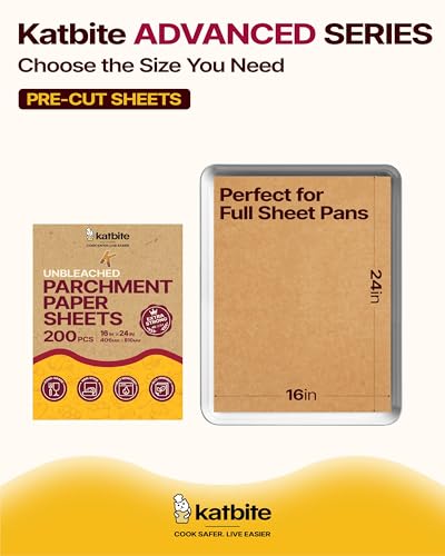 Katbite Parchment Paper Sheets Heavy Duty, 16x24 Inches 200 PCS Precut Baking Parchment, Unbleached, Non-stick, Non-toxic, Extra Strong, Flat Baking Paper for Oven, Cooking, Grilling, Air Fryer - color: 16"x24"-200