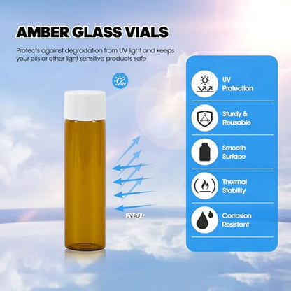12PCS 20ml Amber Glass Vials with White Screw Caps and Plastic Stoppers, Leak-Proof Small Liquid Sample Bottles for Essential Oils, Perfumes, Reagents - color: AMBER, size: 20ml