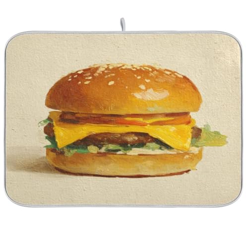 Burger Cheese Lettuce Beige Dish Drying Mat Kitchen Dish Drying Pad Absorbent Microfiber Kitchen Decor for Sinks Draining Racks Countertops 16x18 Inch - size: 16x18in