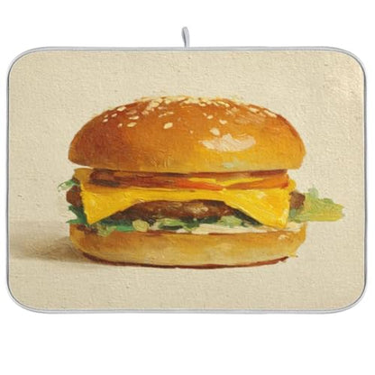 Burger Cheese Lettuce Beige Dish Drying Mat Kitchen Dish Drying Pad Absorbent Microfiber Kitchen Decor for Sinks Draining Racks Countertops 16x18 Inch - size: 16x18in