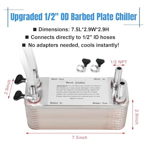 30 Plate Wort Chiller, 1/2 Barb Fitting Homebrew Plate Wort Chiller, Stainless Steel Brazed Plate Heat Exchanger, Beer Chiller Wort Cooler Heat Exchanger For Brewing-7.5" x 2.9"