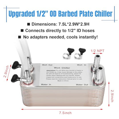 30 Plate Wort Chiller, 1/2 Barb Fitting Homebrew Plate Wort Chiller, Stainless Steel Brazed Plate Heat Exchanger, Beer Chiller Wort Cooler Heat Exchanger For Brewing-7.5" x 2.9"