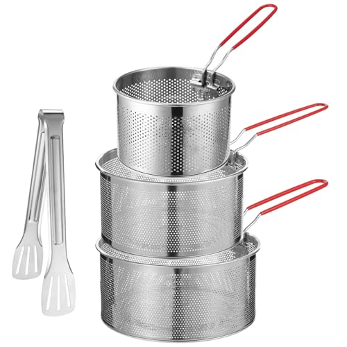 3 Pcs Stainless Steel Pasta Strainer Set with Food Clip, Include 7 in, 6.2in, 5.5in Deep Fryer Basket, Removable Handle Strainer for Washing Draining Deep-frying Boiling Steaming (14cm+16cm+18cm)