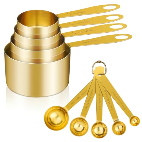 GuDoQi 9pcs 304 Stainless Steel Measuring Cups & Spoons, Stackable Long Handle Fits Narrow Jars, Golden Finish, Metric & US Measures for Dry/Liquid Ingredients, Rust-Proof for Baking & Cooking