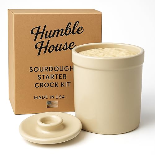 Humble House Sourdough Bread Starter Kit 1/2 Gallon Sauerkrock Open Ceramic Crock with lid 2 Liter Large Capacity 64 Ounce Jar for the perfect sour dough bread - baking supplies Made in America - size: 0.5 Gallon