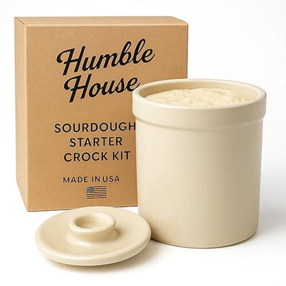 Humble House Sourdough Bread Starter Kit 1/2 Gallon Sauerkrock Open Ceramic Crock with lid 2 Liter Large Capacity 64 Ounce Jar for the perfect sour dough bread - baking supplies Made in America - size: 0.5 Gallon