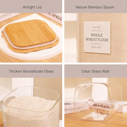 2 Pack large Square Glass Flour and Sugar Containers with 132 Kitchen Pantry Labels - Thicken 149 floz Glass Storage Jars with Airtight Bamboo Lid - Big Rice Canisters for Coffee, Pasta, Cereal - size: 149oz-2pack