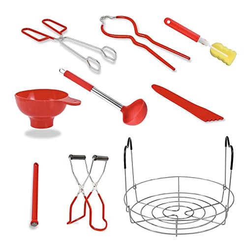 Canning Supplies Kit - 9 Piece 430 Stainless Steel : Rack,Funnel,Jar Lifter,Jar Wrench,Lid Lifter,Tongs,Spoon,Cleaning Brush/Bubble Remover Tool.Suitable for all beginners and professionals