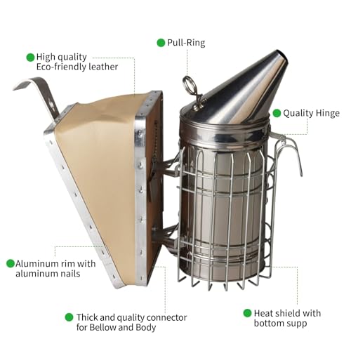 Beehive Smoker Kit with Hive Scraper - Heavy Duty Stainless Steel with Heat Shield Upgraded Leather Bellow | Suitable for All Beekeepers