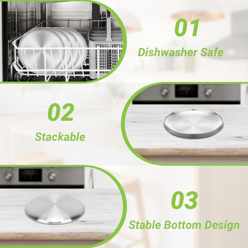 4 Stainless Steel Plates, 7.8 inch Small 201 Metal Camping Plate, Reusable Food Serving Dishes Snack Eating Round Shatterproof Brushed Finish Silver Dish for Dinner Oven Dishwasher Safe - size: 7.8"