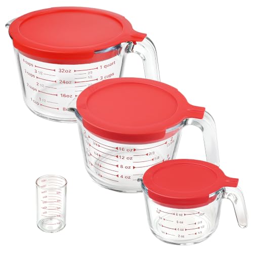 KOMUEE 4 Pieces Glass Measuring Cups Set | 5 Oz, 1-Cup, 2-Cup, 4-Cup Liquid Measuring Cups with Lids for Kitchen, Freezer and Microwave Safe