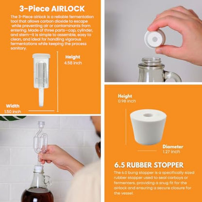 FastRack 4-Pack 1G Clear Glass Jugs with Polyseal Caps, 6.5G Rubber Bungs & 3-Piece Airlocks – Fermentation Jars for Home Brewing, Glass Fermenter Containers for Liquid Fermentation