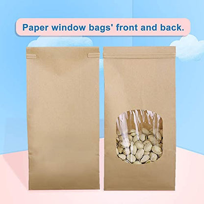 BagDream Bakery Bags with Window 100pcs 4.5x2.36x9.6 Inches Window Tin Tie Tab Lock Kraft Brown Paper Bags for Coffee Bean, Cookies, Treat, Snack - color: Brown