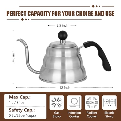Tea Kettle for Stove Top,Silver Manual Drip Coffee Pour Over Kettle,28 oz | Gooseneck Coffee Kettle,Precision Pour Drip Spout Tea Pot,800ml,4 Cup,1Pack - color: Silver, size: 0.9 Quarts