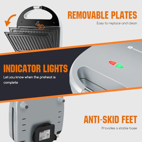 Aigostar Sandwich Maker Panini Press Grill, 3 in 1 Waffle Maker with Removable Non-stick Plates, Electric Grilled Cheese Maker, Portable Cool Touch Handle, Led Indicator Lights & Easy to Clean, 750W - color: Grey