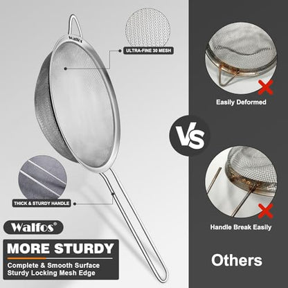 Walfos 6.3 Inch Fine Mesh Strainer, Premium Stainless Steel Sieve and Sifter with Handle, Kitchen Metal Strainers for Rice, Quinoa, Fruits, Noodles, Flour - size: 6.3"