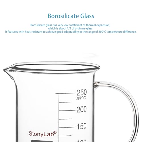 stonylab Glass Beaker with Handle, Borosilicate Glass Graduated Low Form Griffin Beaker with Handle and Pouring Spout, 250 ml - size: 250 ml