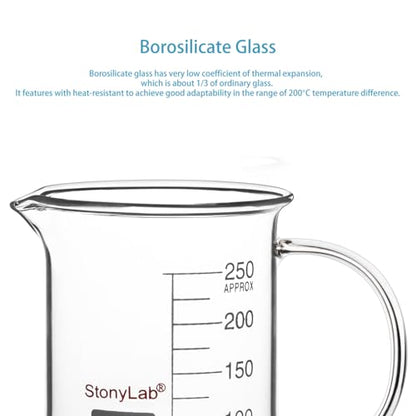 stonylab Glass Beaker with Handle, Borosilicate Glass Graduated Low Form Griffin Beaker with Handle and Pouring Spout, 250 ml - size: 250 ml