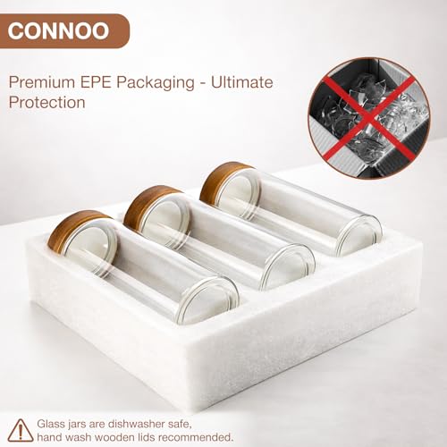CONNOO 40oz Airtight Glass Storage Containers with Wood Lids (3-Pack) – Includes 120 Pre-Printed Waterproof White Kitchen Labels – Tall Pantry Canisters for Flour, Pasta & Cereal - size: cylindrical/40oz/3pcs