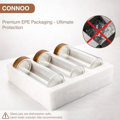 CONNOO 40oz Airtight Glass Storage Containers with Wood Lids (3-Pack) – Includes 120 Pre-Printed Waterproof White Kitchen Labels – Tall Pantry Canisters for Flour, Pasta & Cereal - size: cylindrical/40oz/3pcs