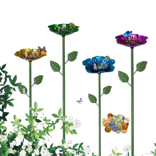4 Packs Metal Bee Watering Station,Bee Water Feeder for Garden with 20 Marbles for Outdoor Decor,Decorative Water Feeder to Attract Pollinators(Red,Green,Blue,Yellow) - style: Rose Style