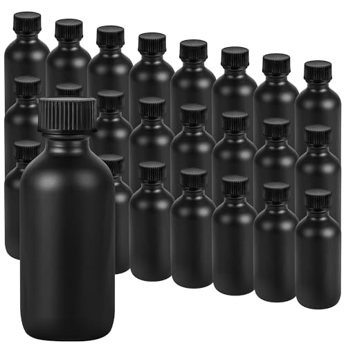 Small Glass Bottles with Lids Boston Round Shot Bottles for Health, Immunity, Ginger Juice, Essential Oils, Potion - Leak Proof Mini Travel Containers (Black Frosted, 2oz-24Pack) - color: Black Frosted, size: 2oz-24Pack