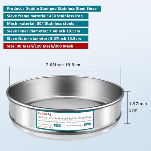 3 Pack 304 SUS Mesh Lab Sieves,200mesh(0.075mm),120 Mesh 0.125mm,30 Mesh 0.6mm Aperture Test Sieve,7.9in/20cm Dia Economy Test Sieve for Industrial Laboratory Homes - style: 200+120+30