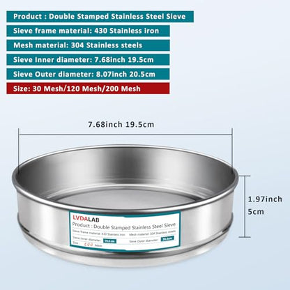 3 Pack 304 SUS Mesh Lab Sieves,200mesh(0.075mm),120 Mesh 0.125mm,30 Mesh 0.6mm Aperture Test Sieve,7.9in/20cm Dia Economy Test Sieve for Industrial Laboratory Homes - style: 200+120+30