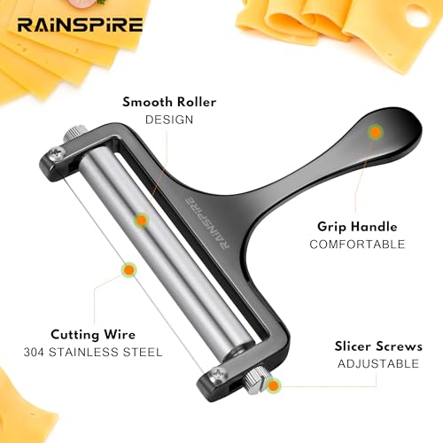 Rainspire Upgraded Cheese Slicer with Replaceable Wires Stainless Steel Cheese Slicers for Block Cheese Adjustable Cheese Cutter for Mozzarella, Cheddar, Gruyere Charcuterie Accessories, Black - color: Black