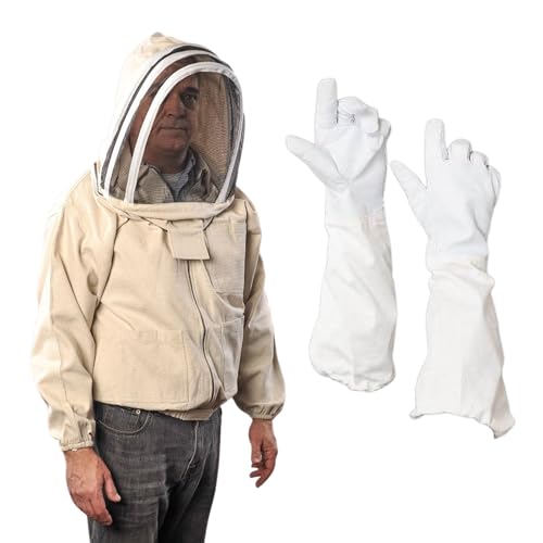Bee Jacket with Veil - Natural Canvas Bee Suit Jacket with Elastic Waist & Cuffs, YKK Brass Zippers, 3 Utility Pockets. Removable Hood Interchangeable with Forest Beekeeping Suit.(Medium) - size: medium