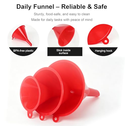 Plastic Kitchen Funnel Set of 3 with Brush – BPA Free Food Grade Funnels for Filling Canning Bottles Oil, Multifunctional for Cooking Lab Automotive, Red - color: Red