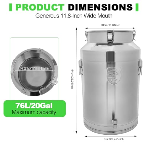 76L/20gal Milk Can with Spigot - 304 Stainless Steel Water Dispenser Food Storage Container for Liquid & Dry Goods, Wine Pail Bucket Metal Tote Jug for Kitchen, Farm - size: 76L/20gal