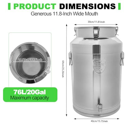 76L/20gal Milk Can with Spigot - 304 Stainless Steel Water Dispenser Food Storage Container for Liquid & Dry Goods, Wine Pail Bucket Metal Tote Jug for Kitchen, Farm - size: 76L/20gal
