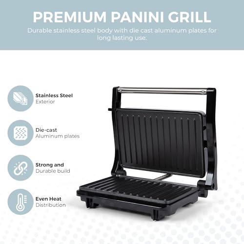 Alpha Living Electric Griddle Panini Press Sandwich Maker – Stainless Steel Panini Grill Press Sandwich Maker with Aluminum Griddle – Non-Stick Coating – 180-Degree Hinge for Thick and Thin Foods