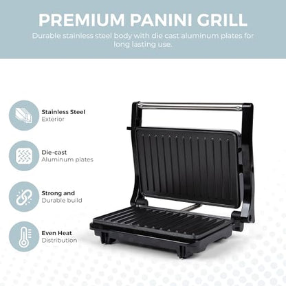 Alpha Living Electric Griddle Panini Press Sandwich Maker – Stainless Steel Panini Grill Press Sandwich Maker with Aluminum Griddle – Non-Stick Coating – 180-Degree Hinge for Thick and Thin Foods