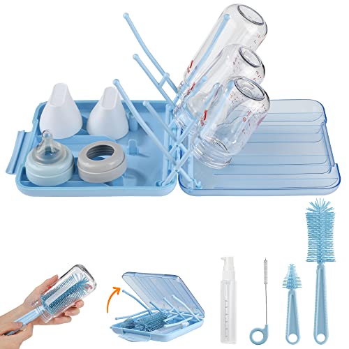 Bottle Brush Set -Baby Travel Essential-6 in 1 Bottle Cleaner Kit with Silicone Bottle Brush,Nipple Cleaner Brush,Straw Brush,Soap Dispenser,Storage Box,Bottle Drying Rack for Home and Travel(Blue) - color: Blue