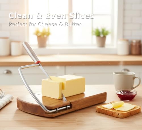 Cheese Slicer with Acacia Wood Board and Stainless Blade | Acacia wood base, stainless steel blade, for block cheese, butter, deli meat and charcuterie serving.